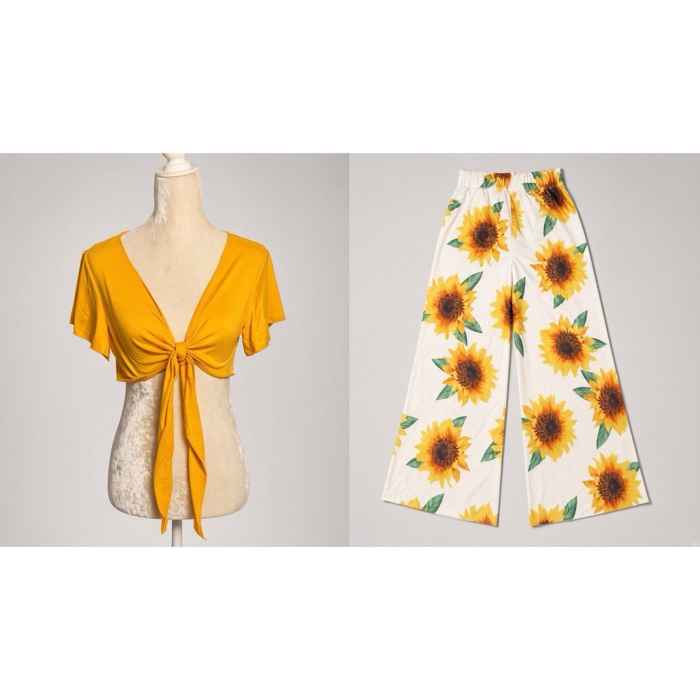Sunflower Wide Leg Pants + Yellow Tie-Front Crop Top Set